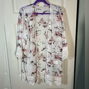 Sheer White Floral Lace-Trim Kimono Cardigan - White with Pink Floral